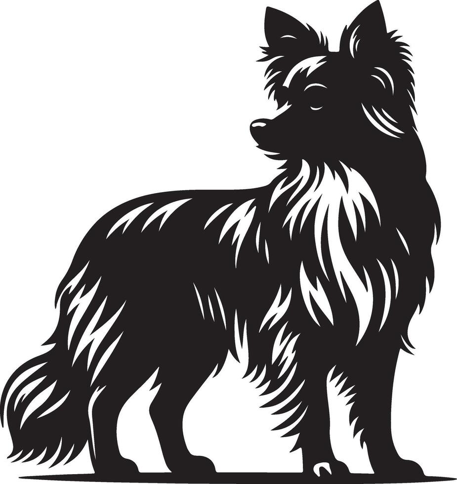 A striking black silhouette of a papillon dog standing in profile against a white background vector