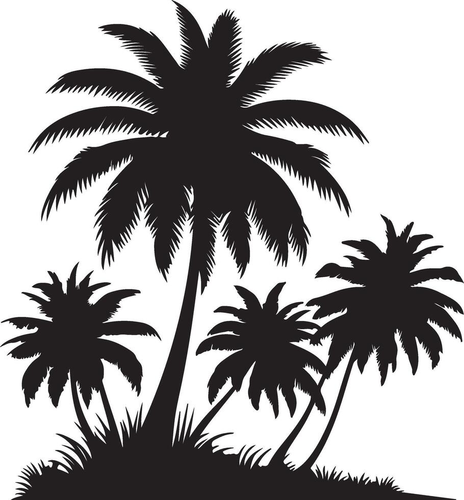 Silhouette illustration of several palm trees of varying sizes against a white background space vector
