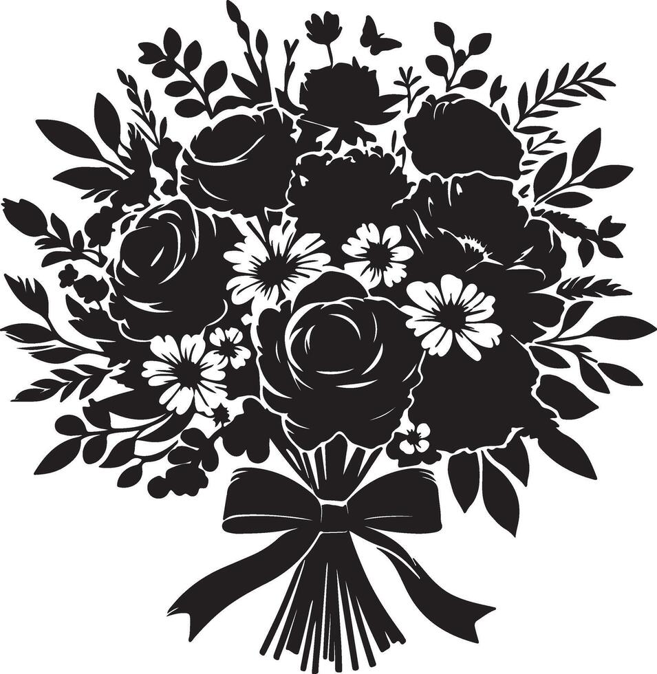 A silhouette of a bouquet of flowers including roses daisies and other greenery tied with a bow vector