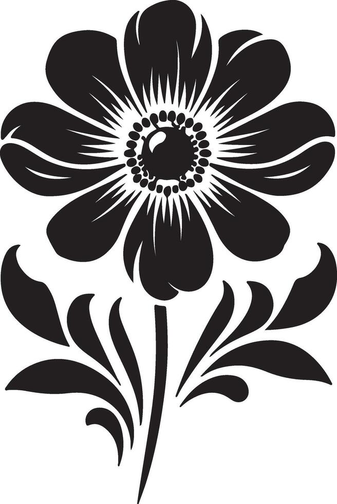 A black and white floral design featuring a prominent flower with decorative leaves below it vector