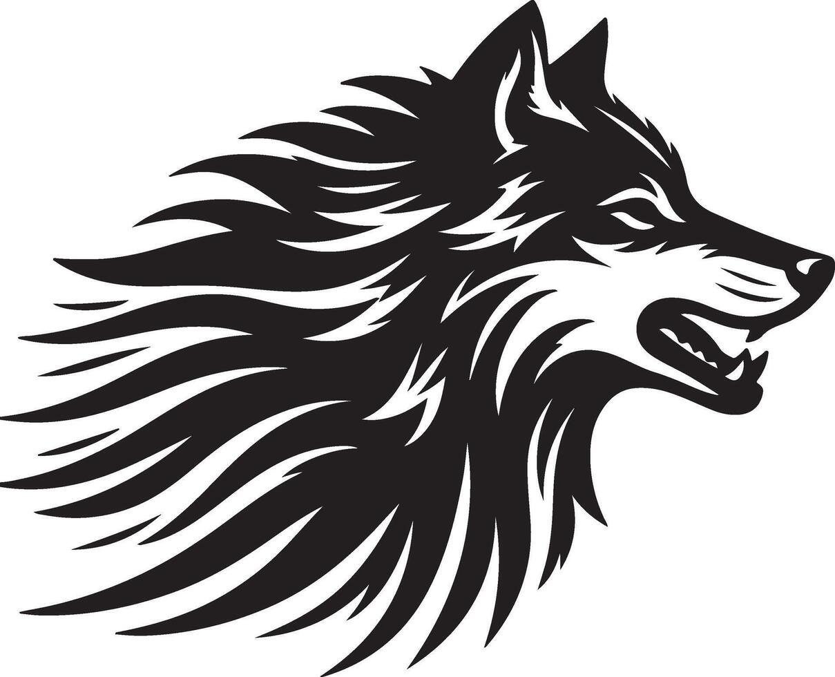 A striking black and white illustration of a wolf's head with an aggressive and fierce expression vector