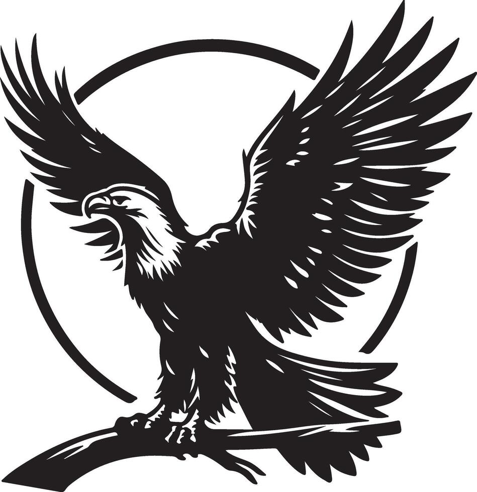 An illustration of a black and white eagle perched on a branch with wings spread wide open design vector