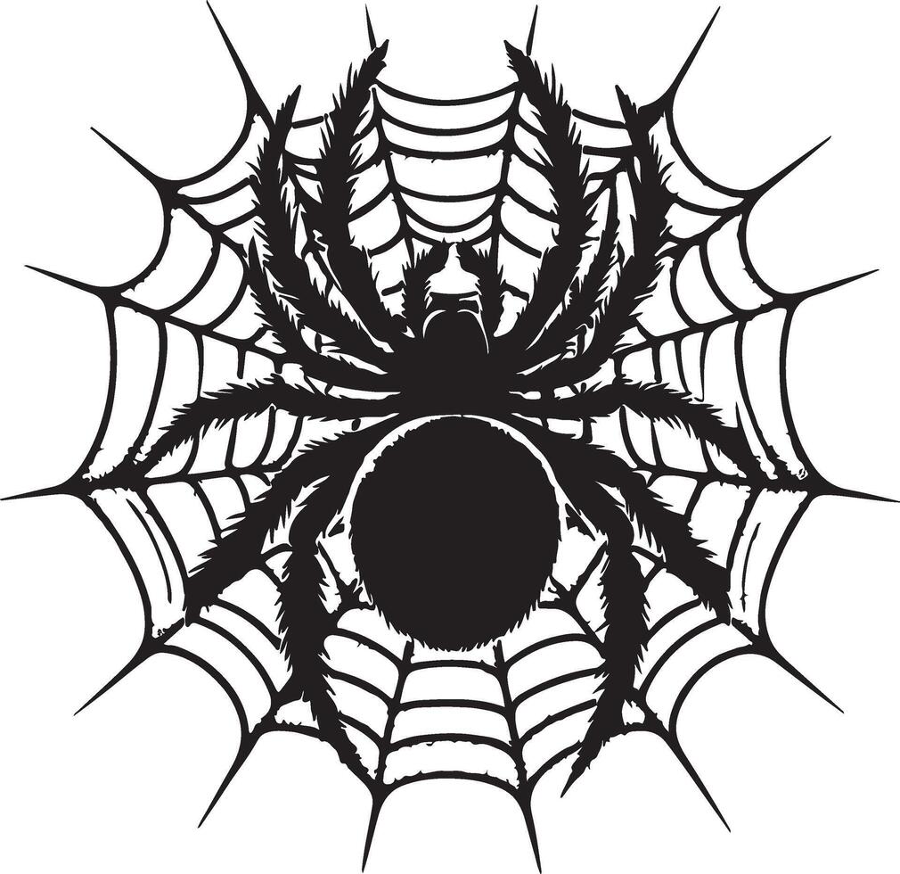 A black silhouette of a hairy spider centered on a detailed spiderweb against a white background vector