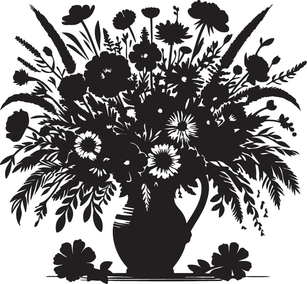 Black silhouette of a floral arrangement in a vase with flowers on the surface below it all around vector