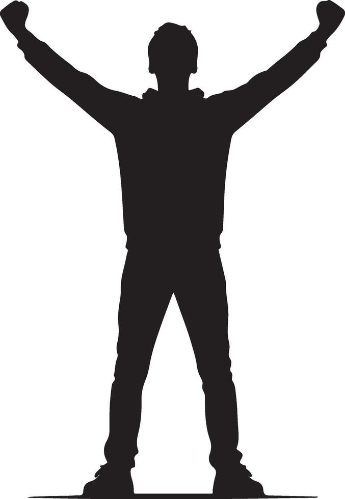 Silhouette of a person with arms raised in a victorious pose against a white background view vector
