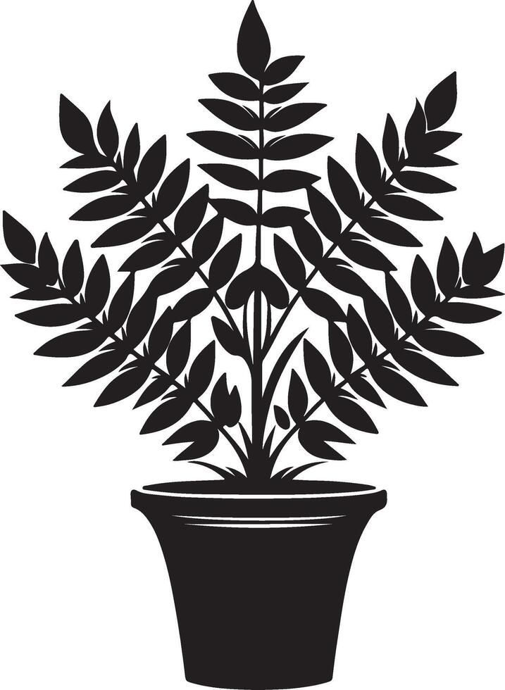 A simple black and white illustration of a potted plant with detailed leaves and a classic pot design vector