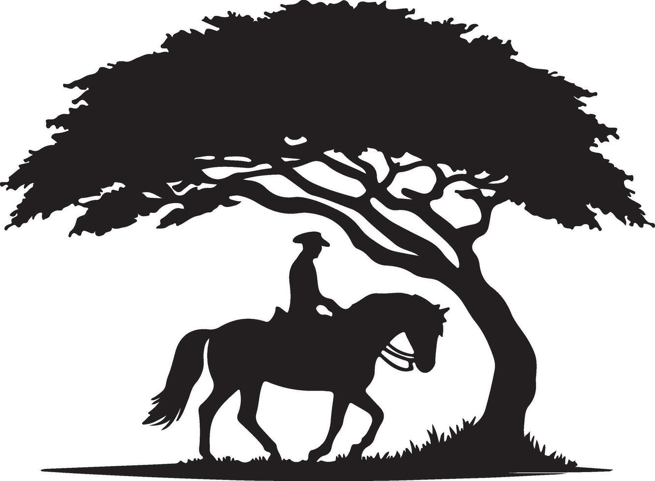 Silhouette of a cowboy riding a horse under a large tree with grass at the base in black and white vector