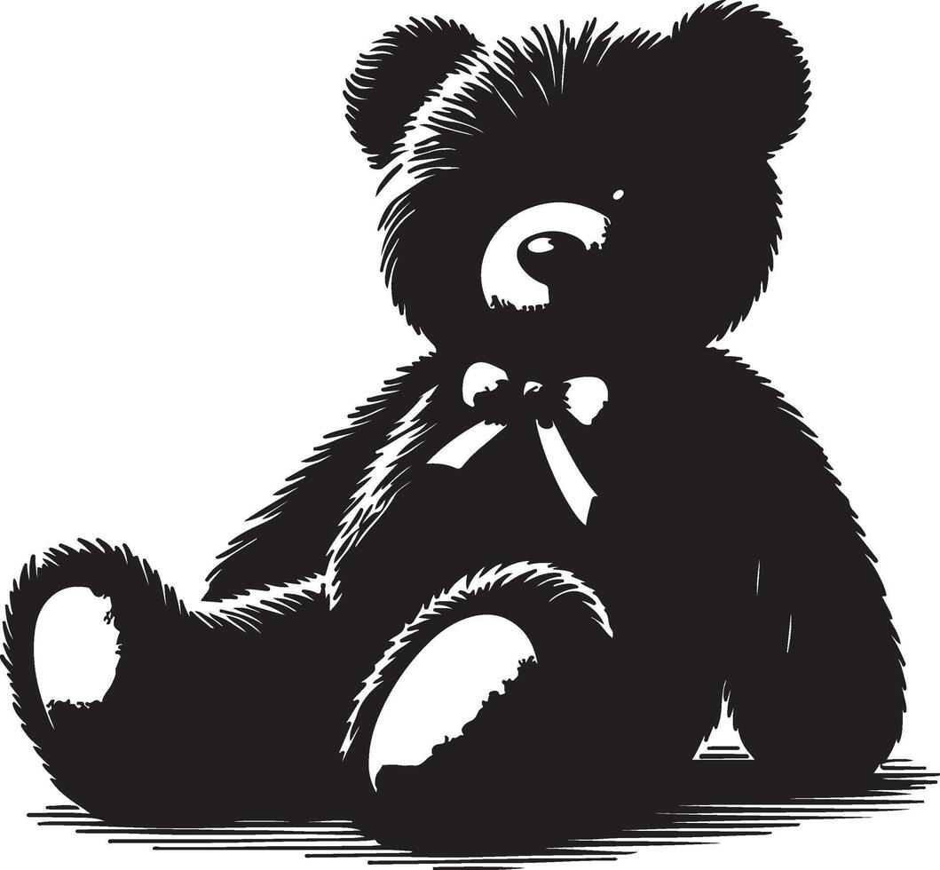 A monochrome illustration of a teddy bear sitting with a bow tie on a white background space vector