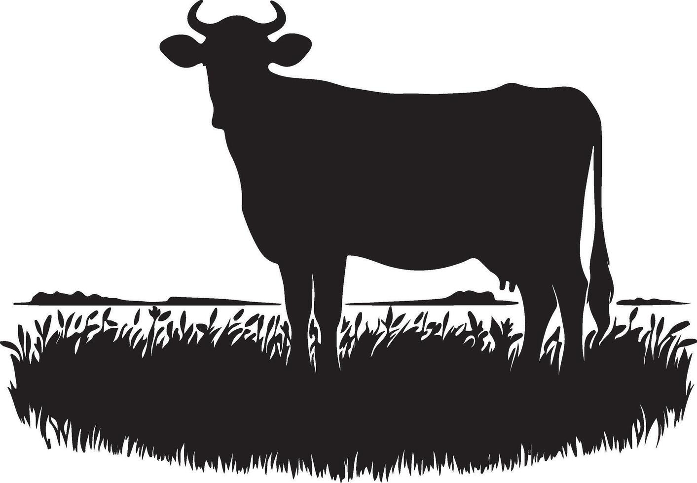 Silhouette of a cow standing in a field of tall grass against a white background landscape view vector
