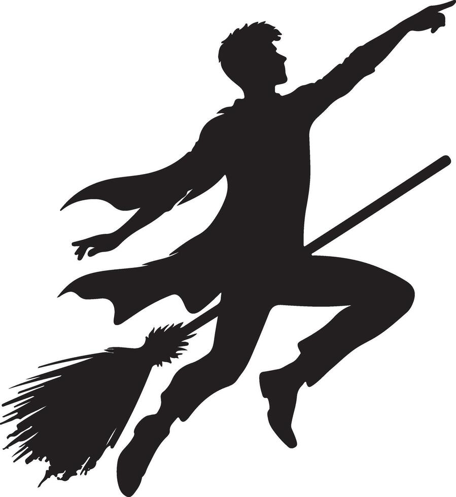 Silhouette of a person in a robe riding a broomstick while pointing upwards on a white background vector