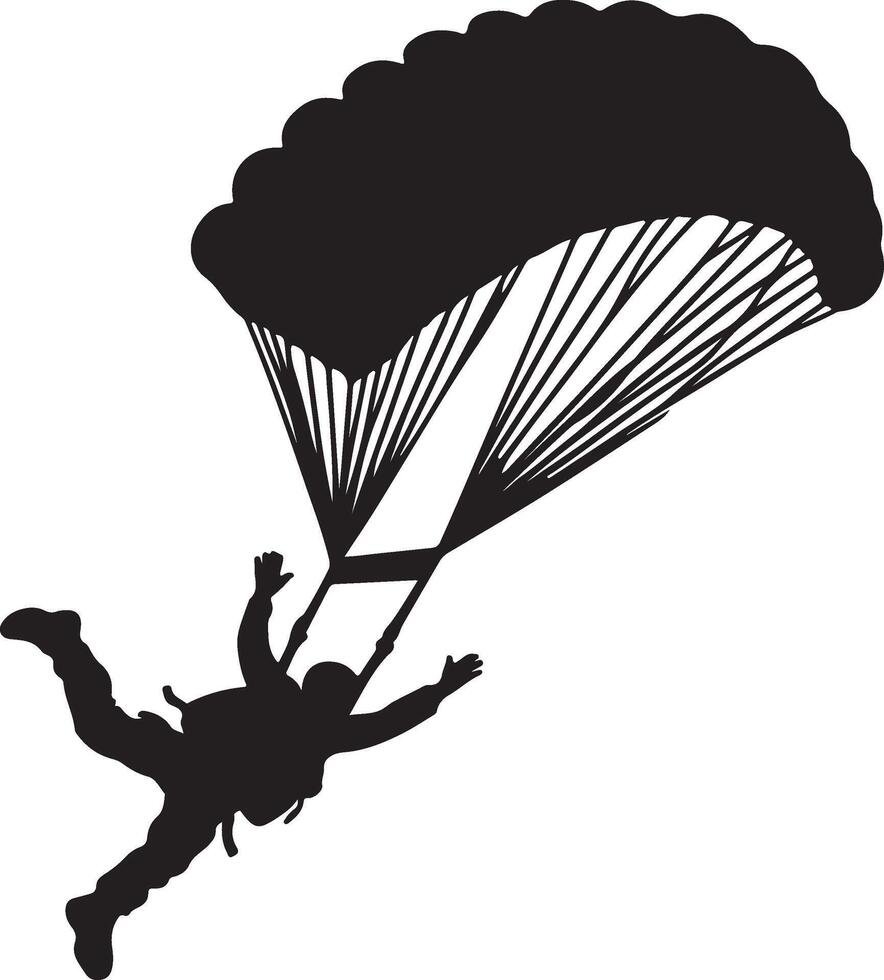 Silhouette of a skydiver with parachute in mid air against a white background illustration vector