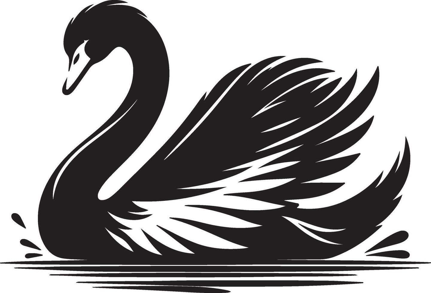 A stylized black swan with prominent wings floating on rippled water in a minimalist vector