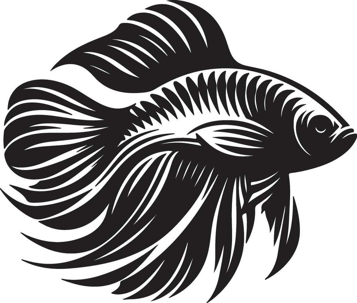 A stylized black and white illustration of a betta fish with flowing fins and detailed patterns vector