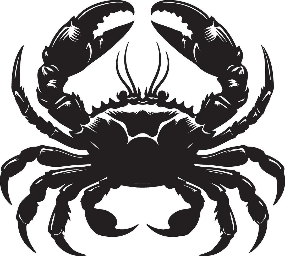 A detailed black and white illustration of a crab with large claws and spiky carapace vector