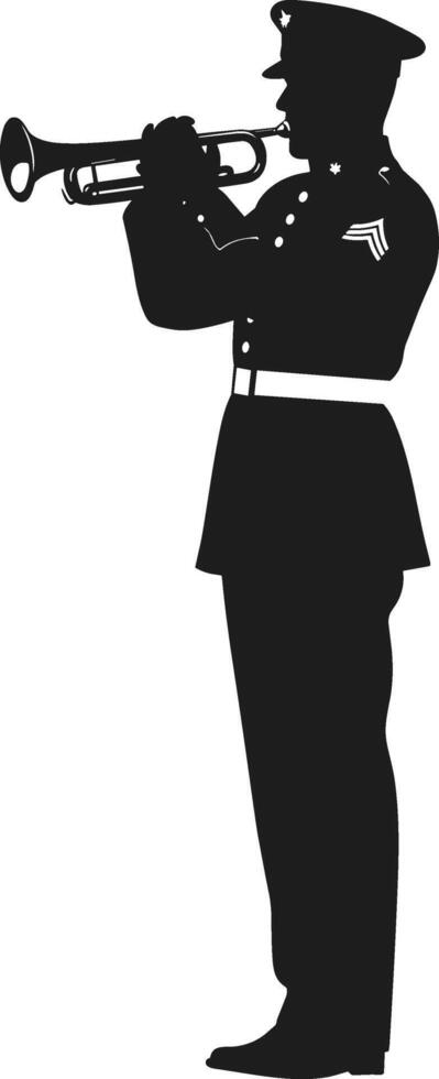 Silhouette of Military Bugler in Ceremonial Uniform Playing Trumpet vector