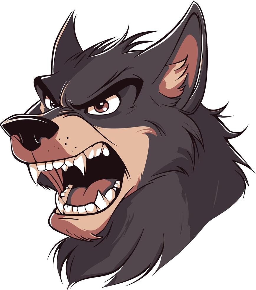 A cartoon wolf head with fangs and teeth vector