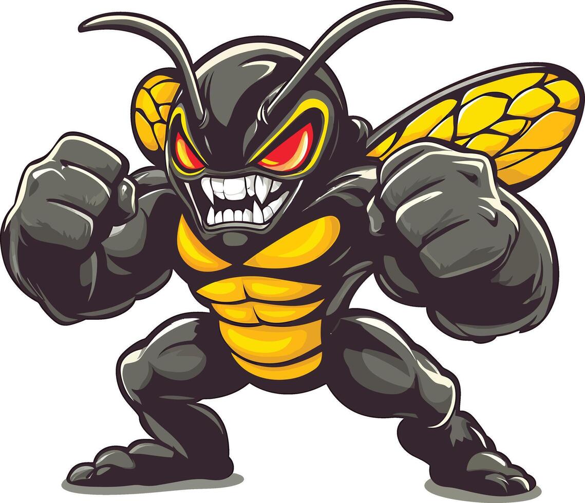 A cartoon wasp with big eyes and yellow and black wings vector