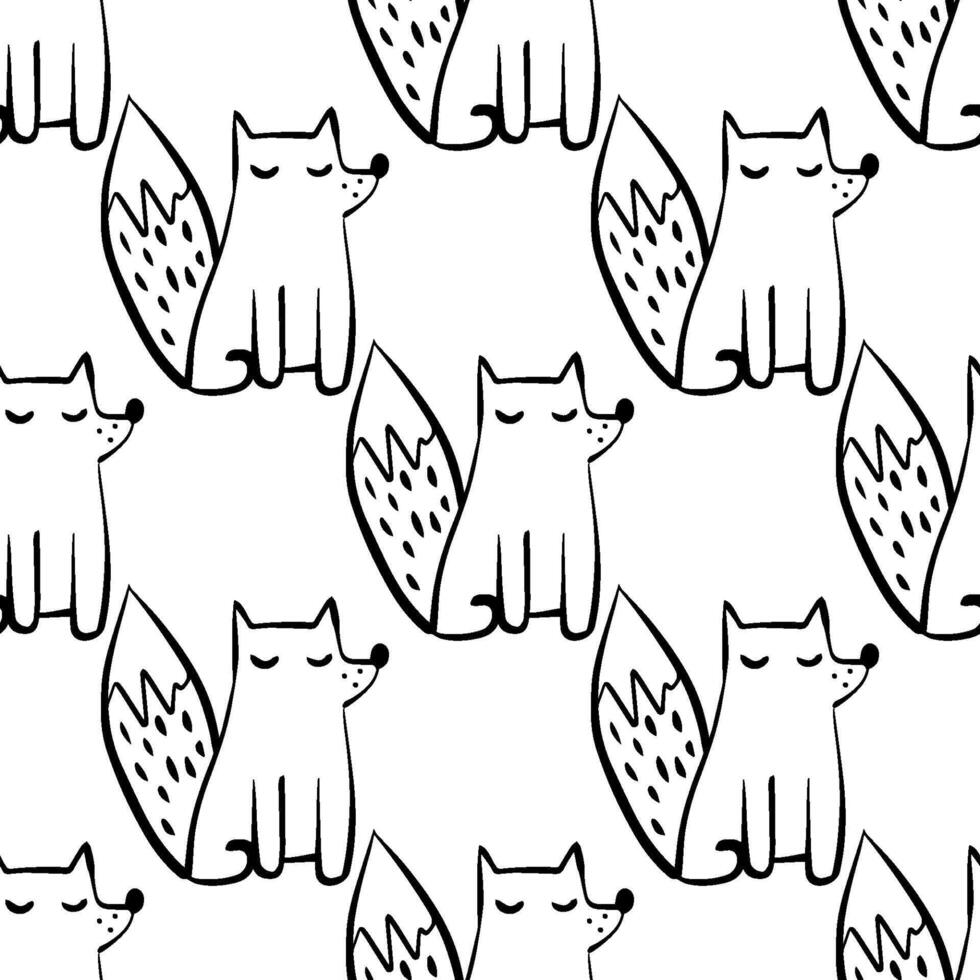 Seamless black and white cartoon fox pattern with cute sitting and sleeping foxes, playful minimal line art design perfect for kids fabrics, coloring pages, wallpapers, surface prints vector