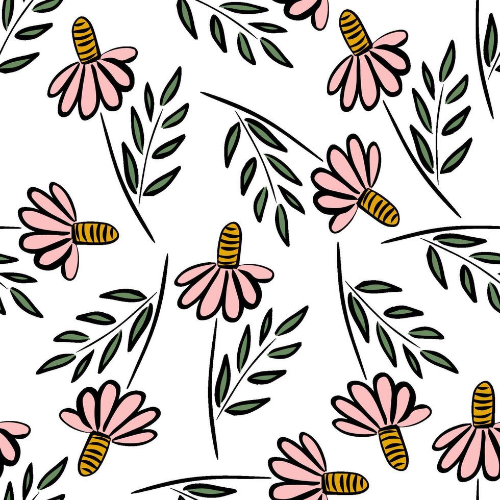 Seamless floral pattern with whimsical pink flowers and striped yellow centers - hand-drawn botanical background perfect for spring fabric, wrapping paper, stationery, and kids design projects. vector