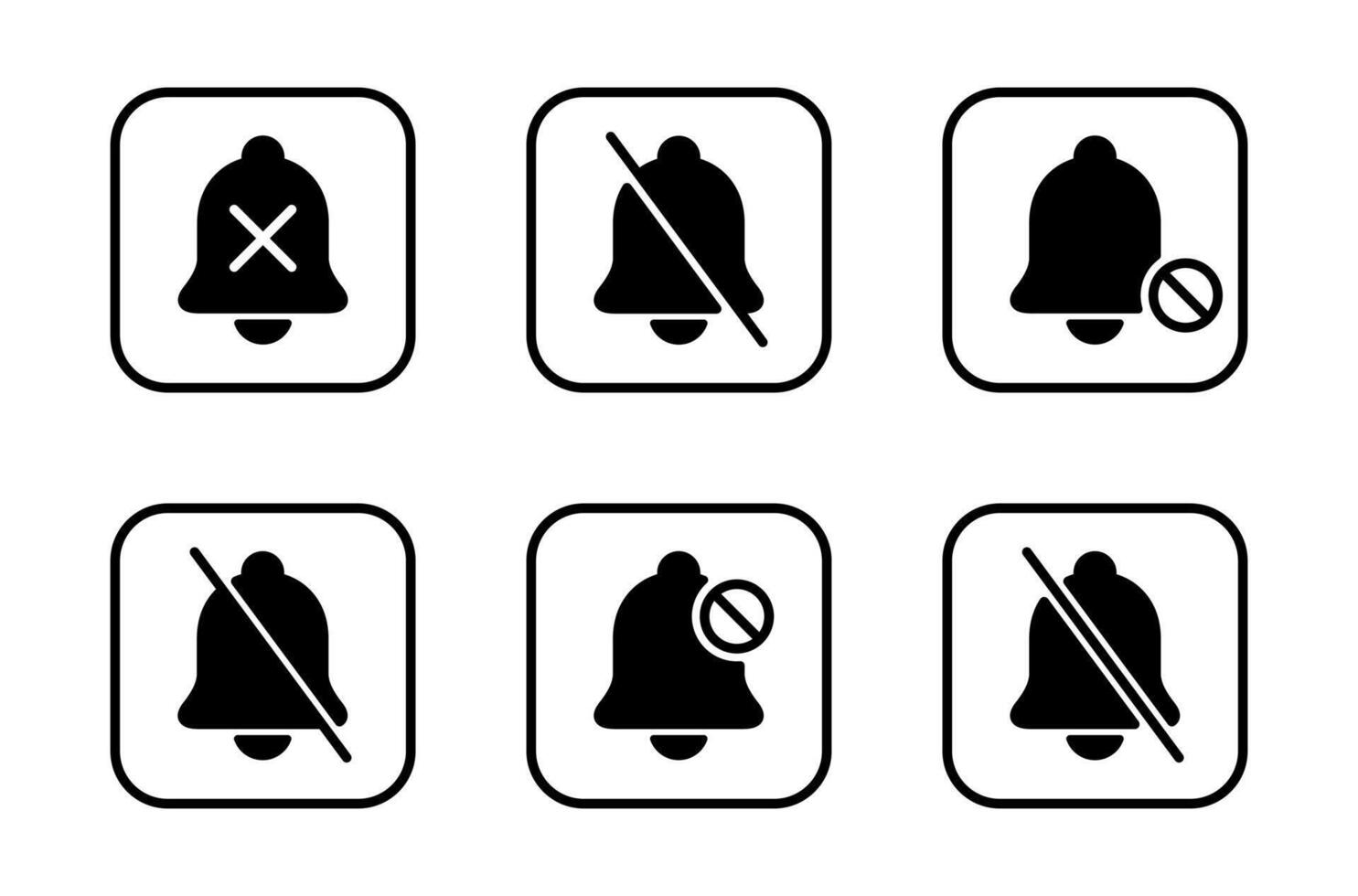 Silent bell icon set collection on square line. Mute sound, notification prohibition sign symbol vector