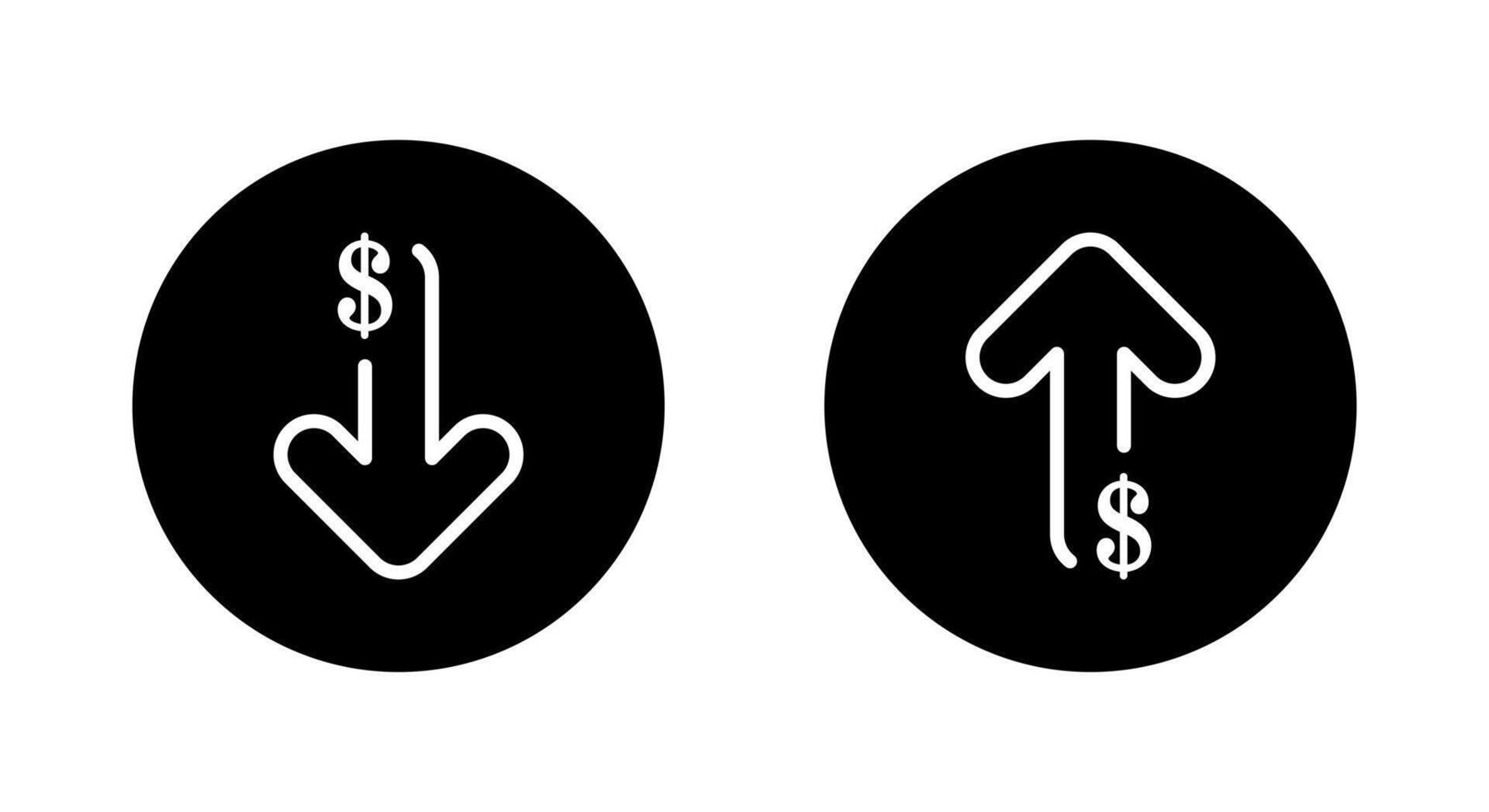 Dollar arrow down and up outline icon on black circle. USD currency arrows decline and growth sign symbol vector