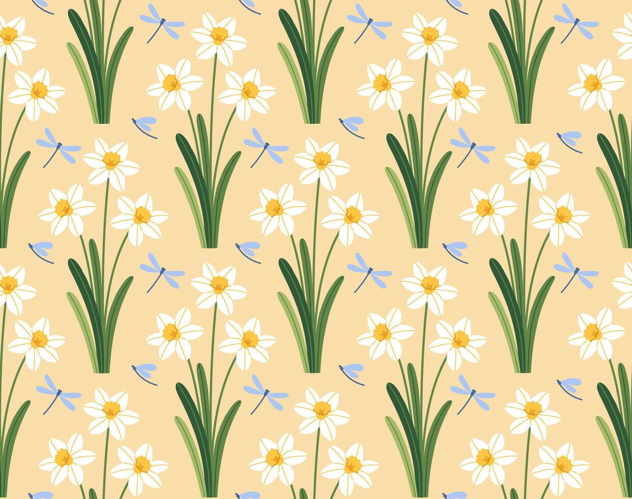 Seamless pattern with white daffodils and dragonflies. Hand drawn illustration for wrapping paper, textile, fabric. vector
