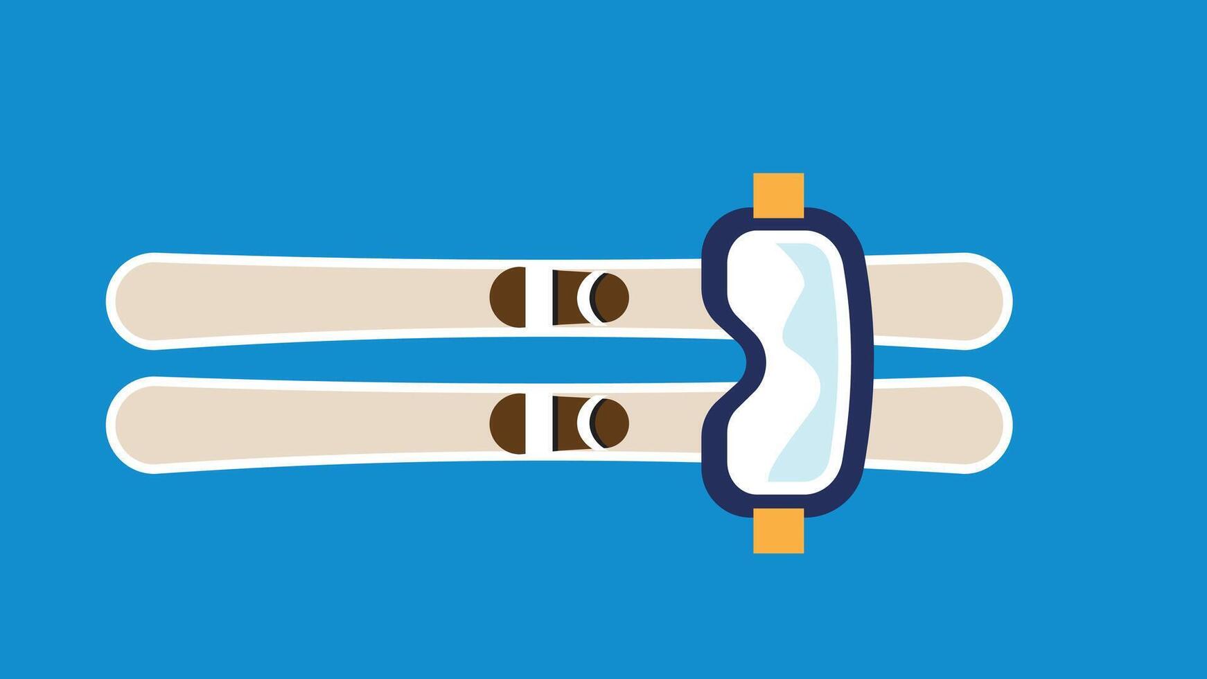 Stylized illustration of water skis or snow skis with bindings on a bright blue background. Top down view of beige skis with brown bindings and navy blue boot holder with orange accents. vector