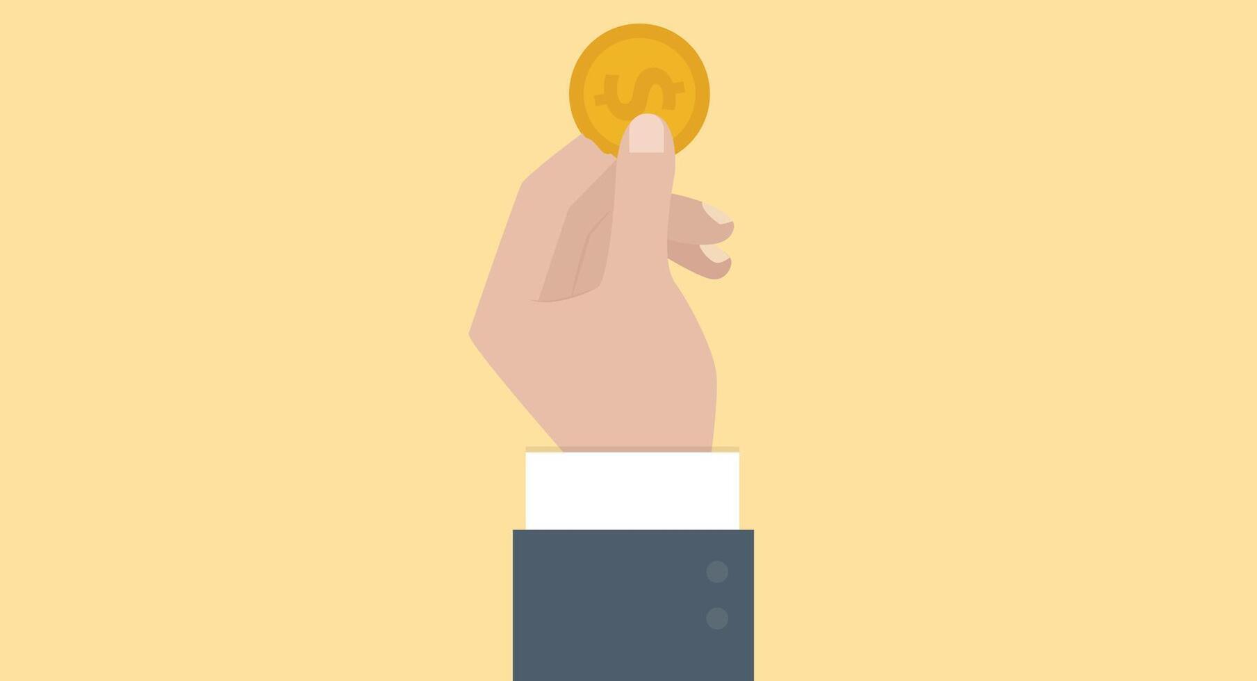 Flat design illustration of a hand holding a coin, showcasing the coin's details and the gesture of giving or receiving, with a clean and minimalist style against a solid background. vector
