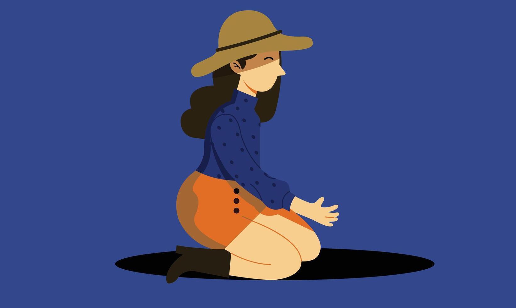 Flat design illustration of a girl wearing a hat while sitting down, featuring a calm and relaxed posture, symbolizing leisure, fashion, and a peaceful moment in a clean and minimalist style. vector