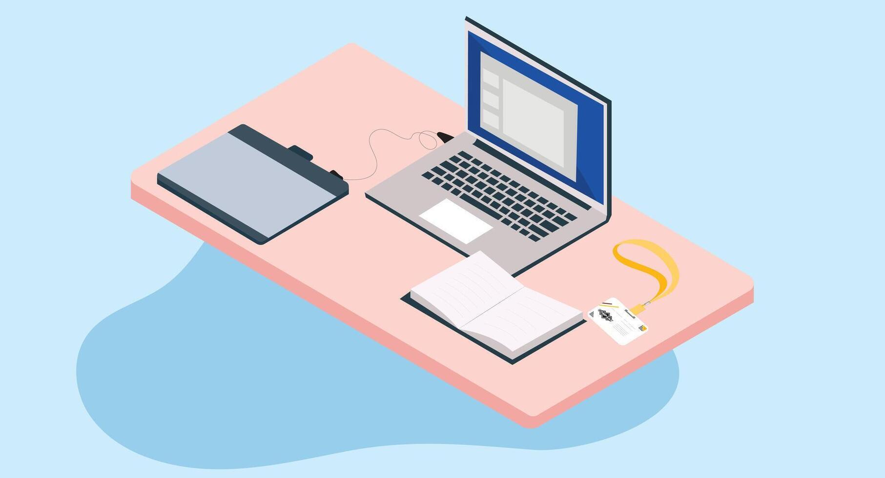 Isometric flat design illustration of a desk setup with a laptop, tablet pad, and notebook, arranged neatly on a clean, solid isolated background, representing productivity and modern workspace. vector
