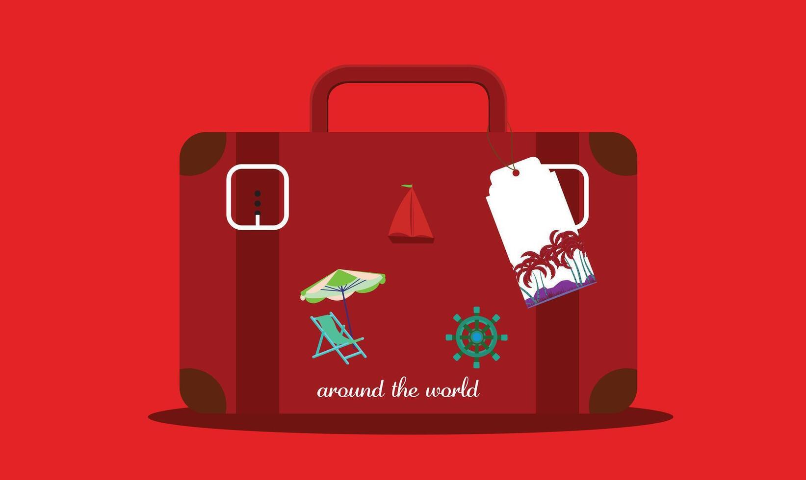 illustration of a travel bag suitcase with summer-themed icons like sunglasses, beach ball, and flip-flops, symbolizing vacation, adventure, and summer travel vector