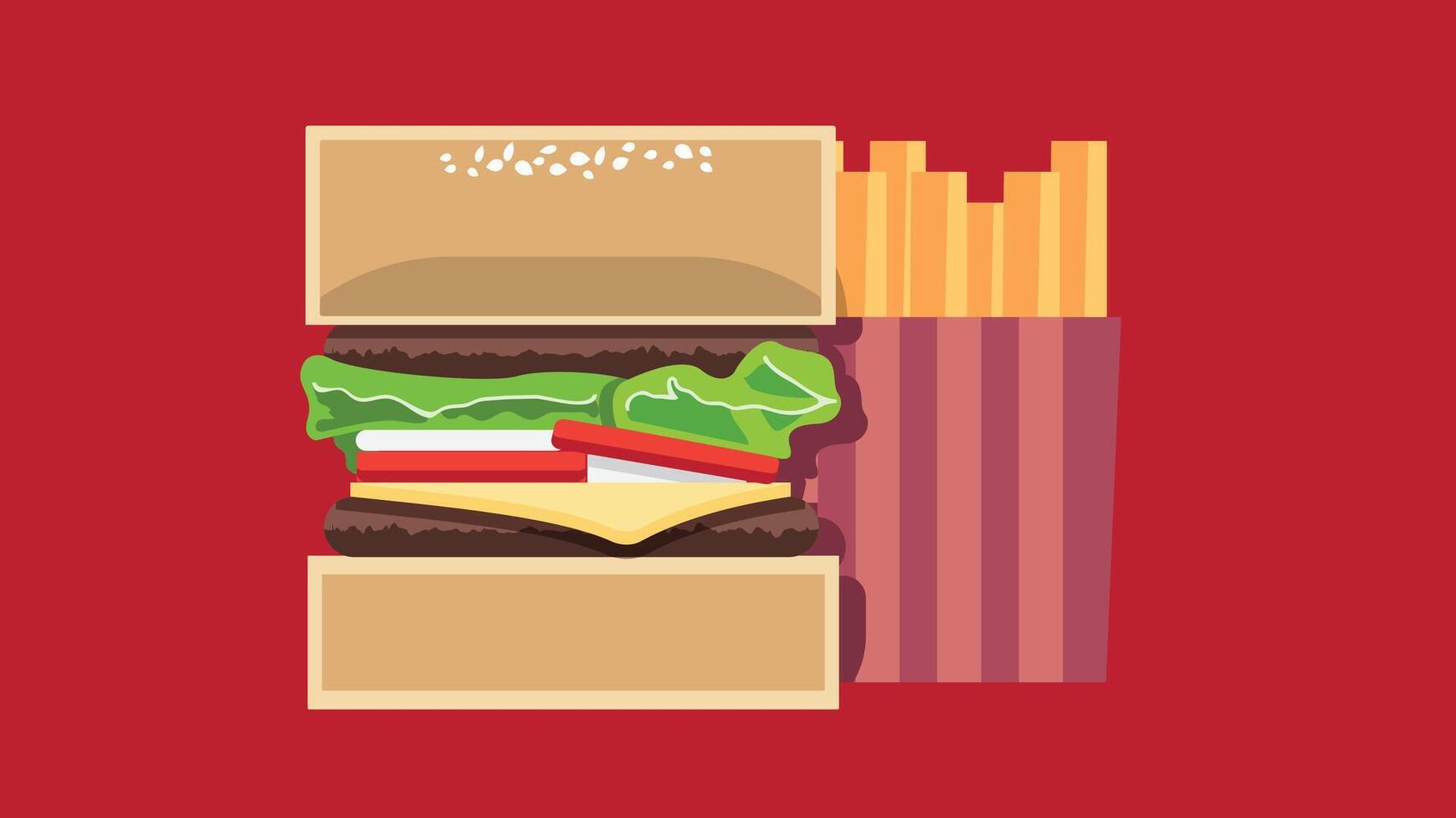 Stylized illustration of a hamburger and french fries on a red background. The burger features sesame seed bun, beef patty, lettuce, tomato, and cheese, alongside golden fries in a striped container. vector