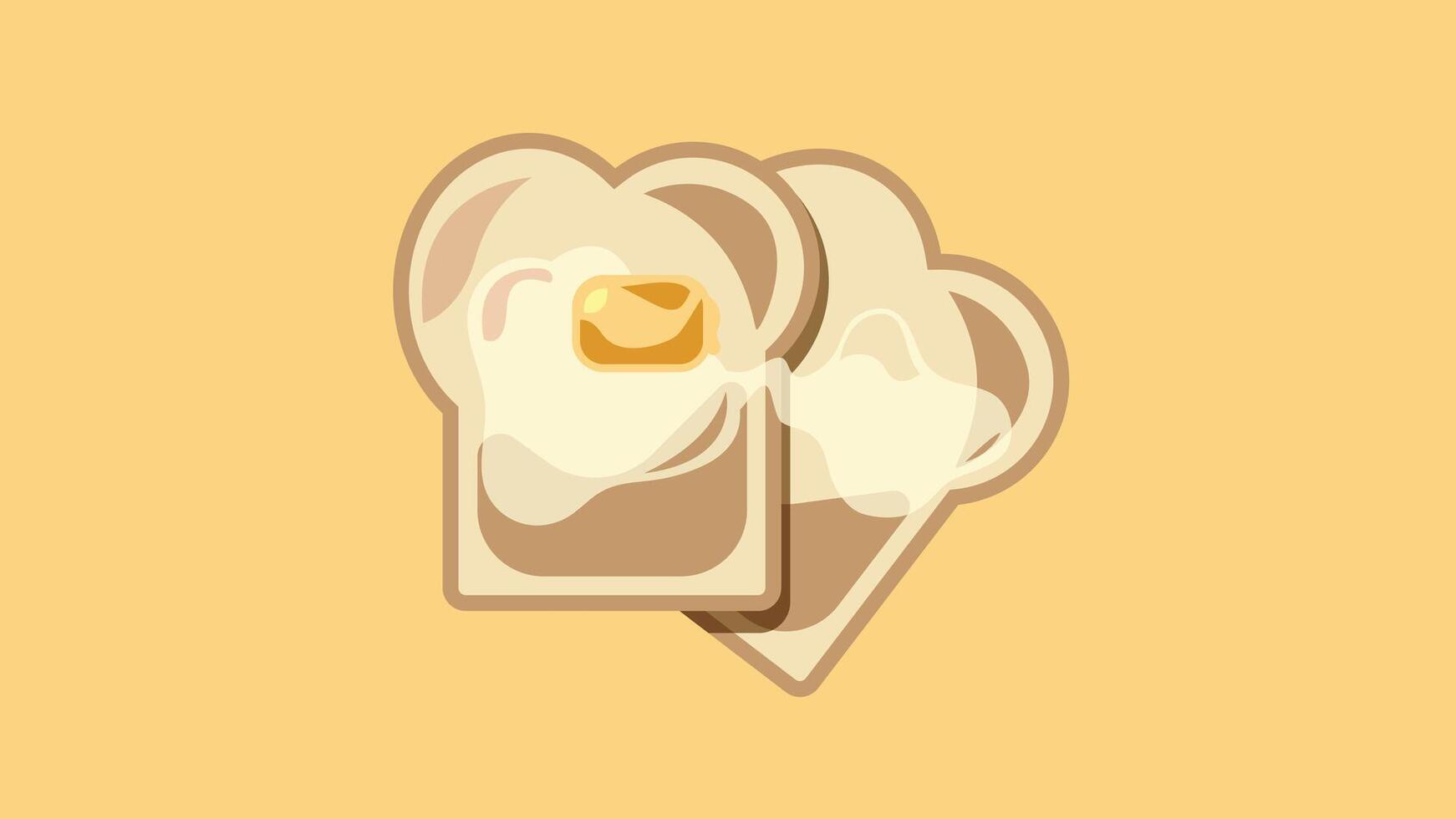 Stylized illustration of toast with butter on an orange background. Two slices of bread with melting butter pats, one showing a cross section with the butter melting into the bread. vector