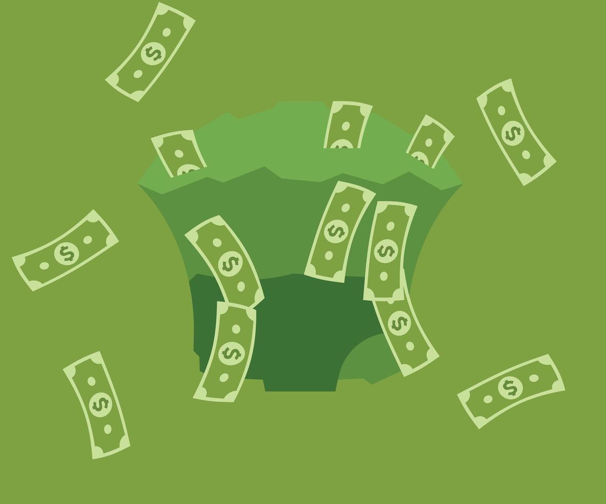 Flat design illustration of money bank notes falling from the top, symbolizing wealth, abundance, financial gain, and success in a bold and dynamic visual style. vector