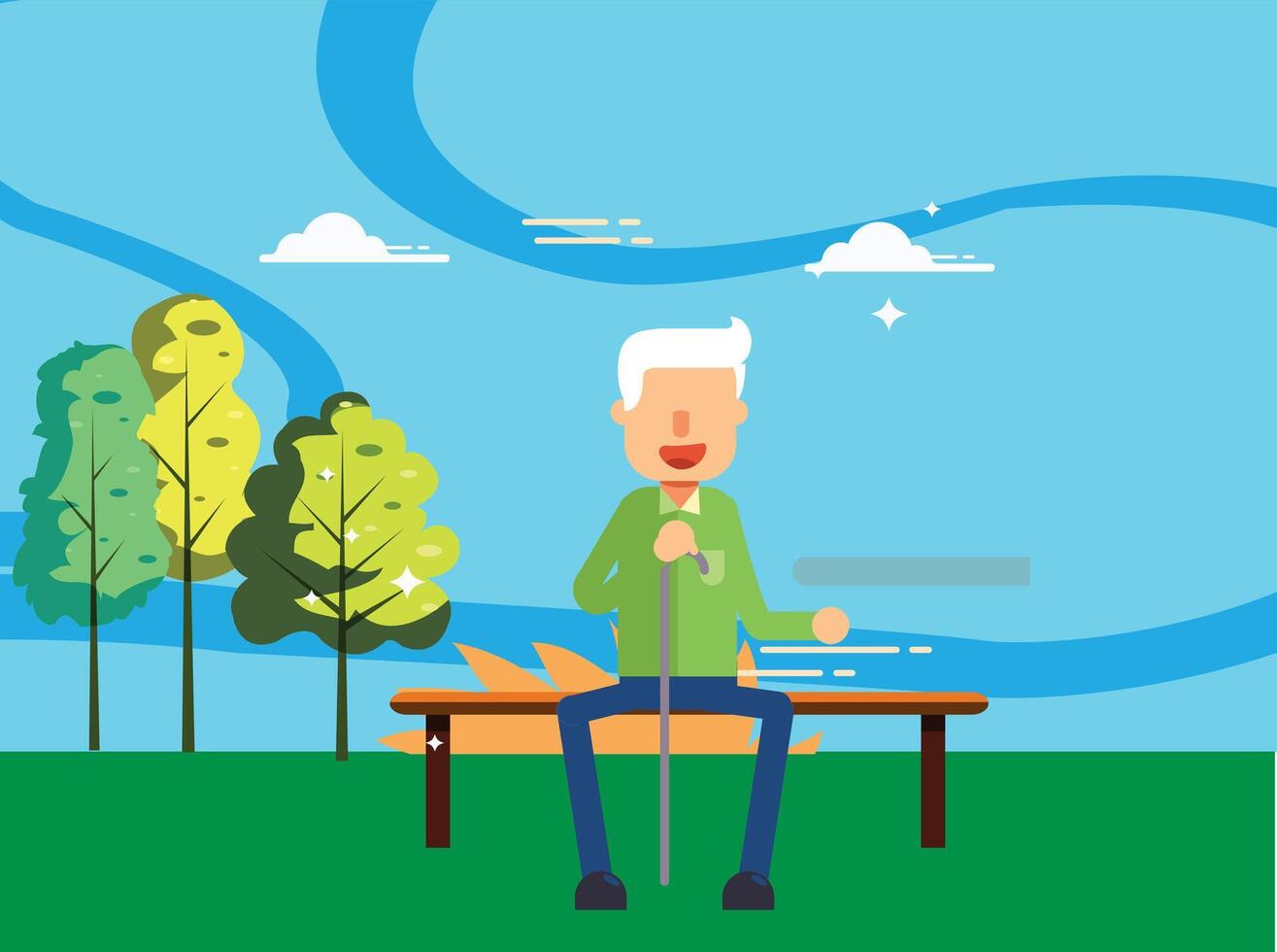Flat design illustration of an old man sitting on a garden bench surrounded by autumn trees, symbolizing peace, reflection, and the beauty of seasonal change in a serene outdoor scene vector