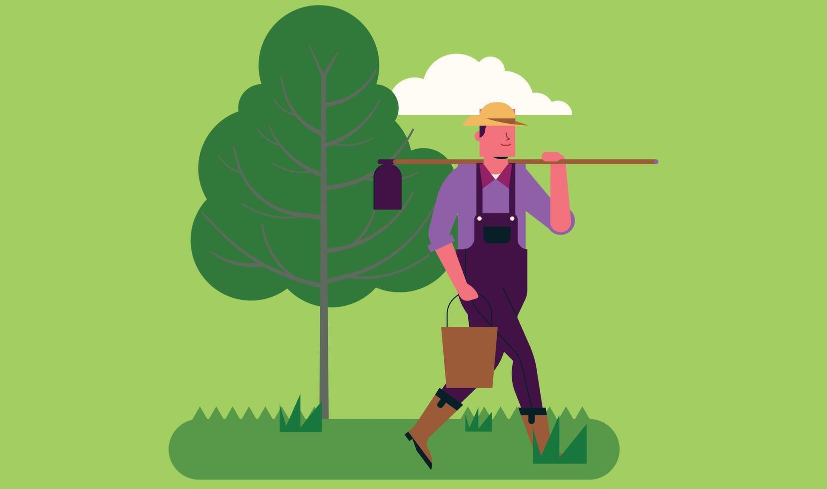 illustration of a farmer working in a farm field, symbolizing agriculture, hard work vector