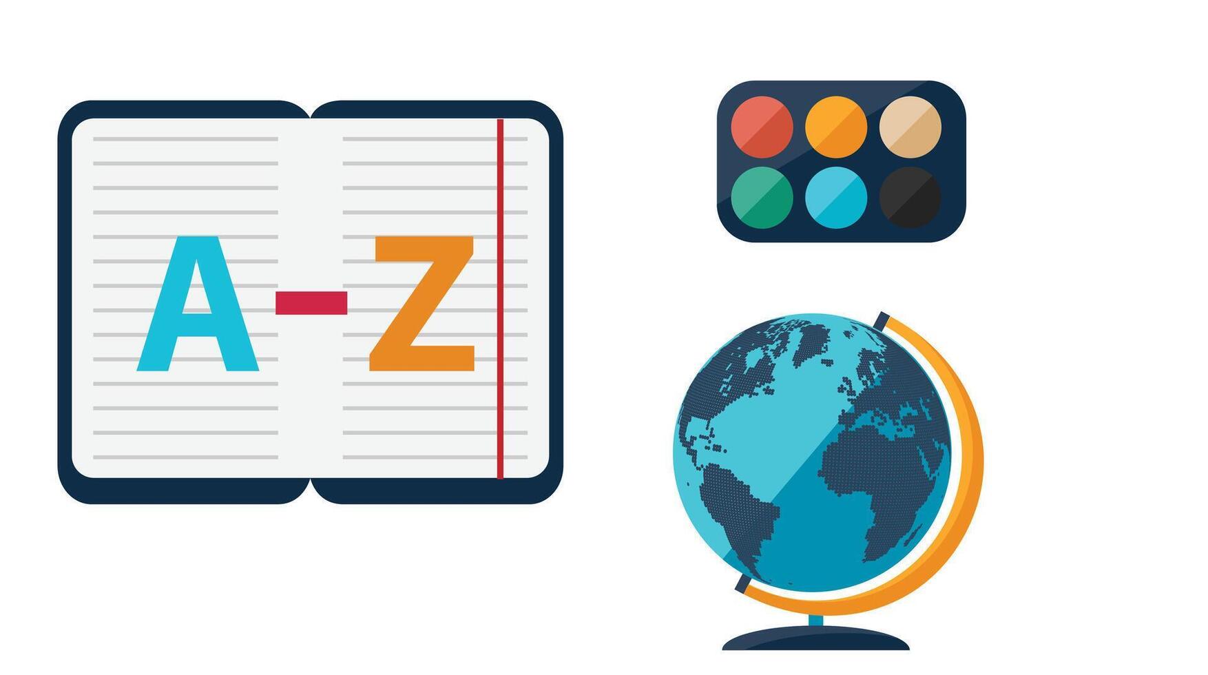 Stylized illustration of education items on a white background. Features an open book with A Z text, a watercolor paint palette with six colors, and a blue globe with orange stand. vector