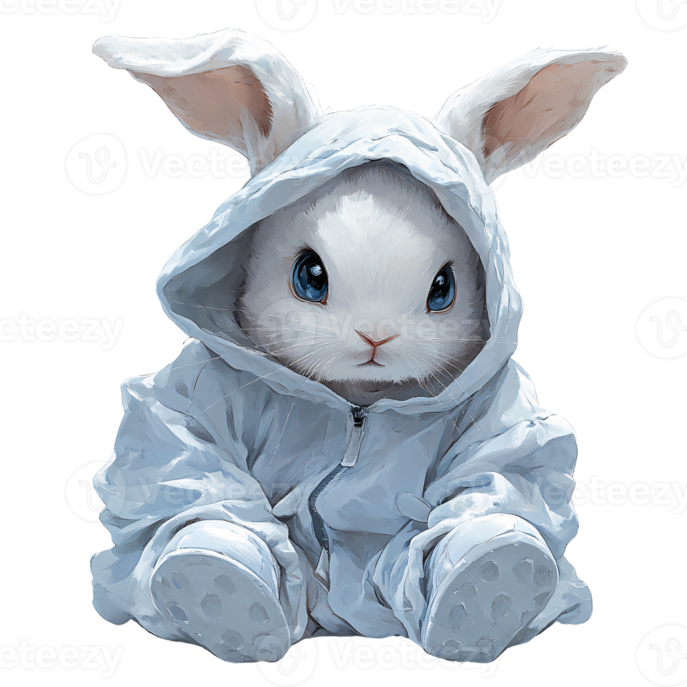 Cute white bunny with blue eyes wearing a hoodie, sitting on a transparent background Concept of adorable animals, easter, and spring png