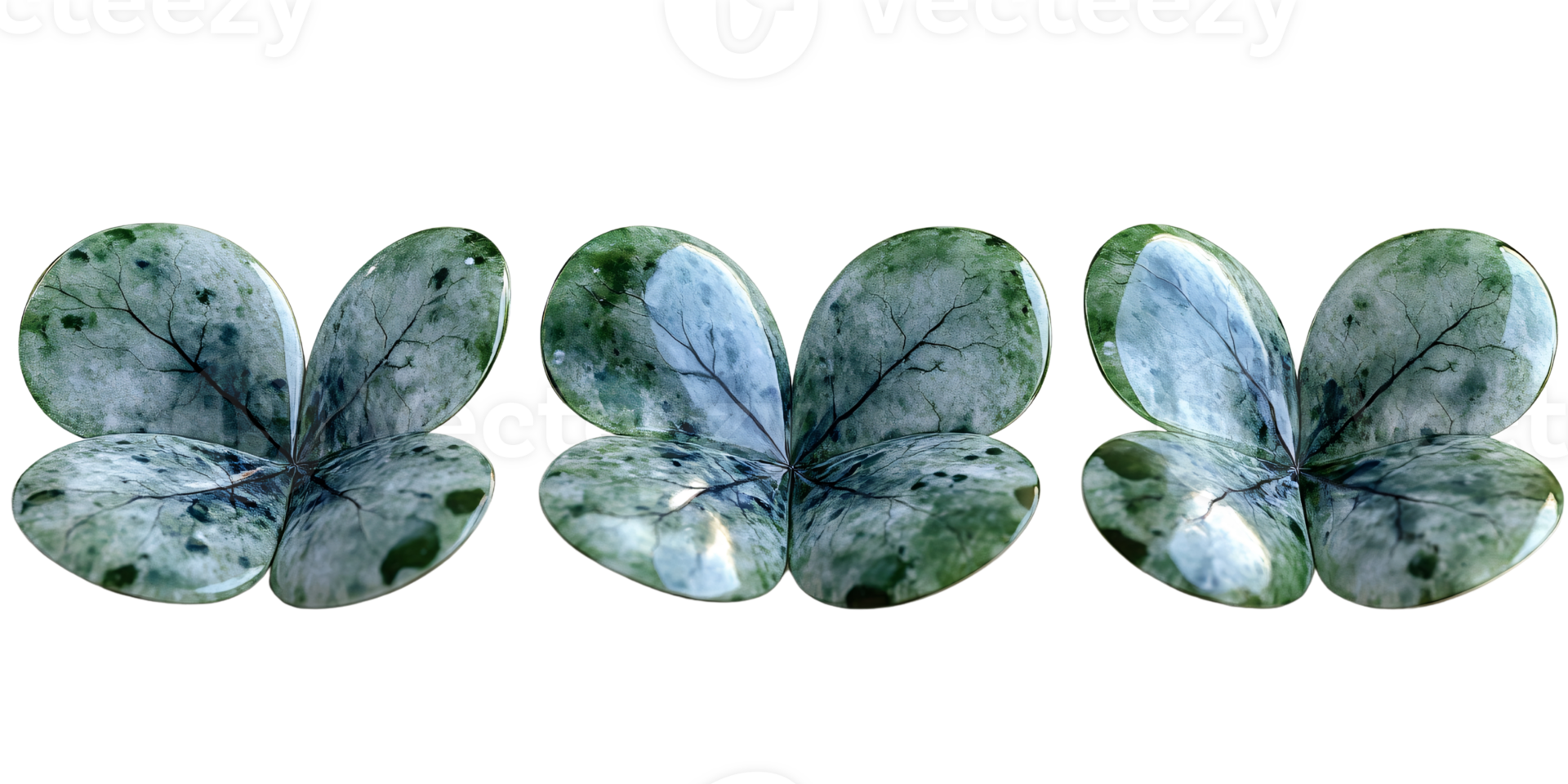 Three glossy four leaf clovers with detailed veins on a transparent background Concept of luck, St Patricks Day, and nature png