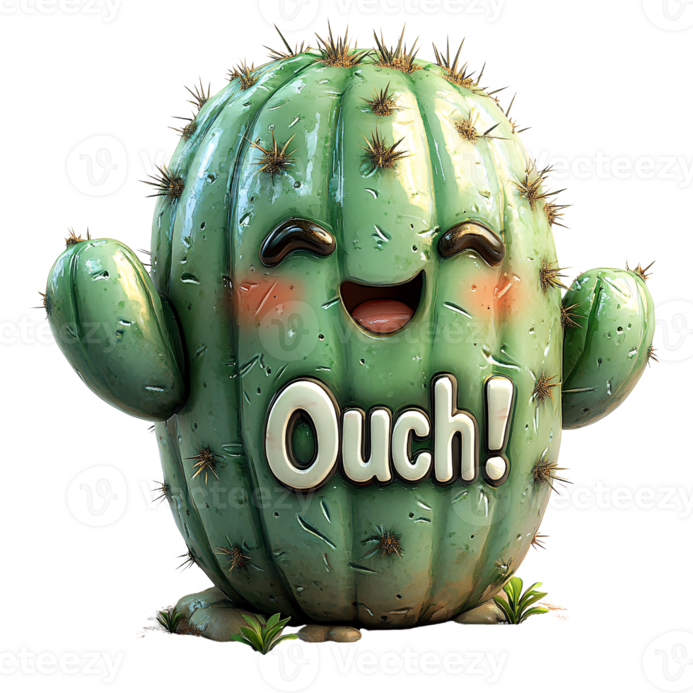 Cute cartoon cactus character with happy face and the word Ouch on a transparent background Concept of pain, humor, and desert plant life png