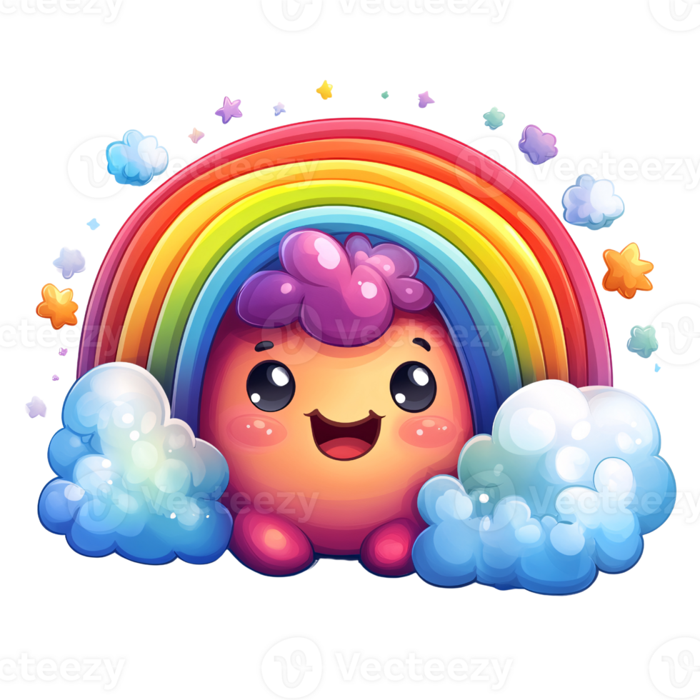 Cute cartoon character smiling under a vibrant rainbow with fluffy clouds and colorful stars Concept of happiness, fantasy, and childrens illustration png
