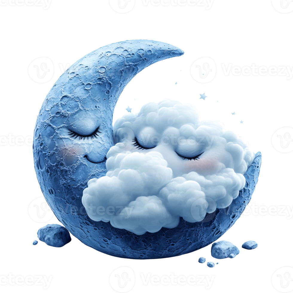 Dreamy crescent moon character hugging a fluffy cloud with closed eyes on a transparent background Concept of bedtime, sleep, and sweet dreams for children png