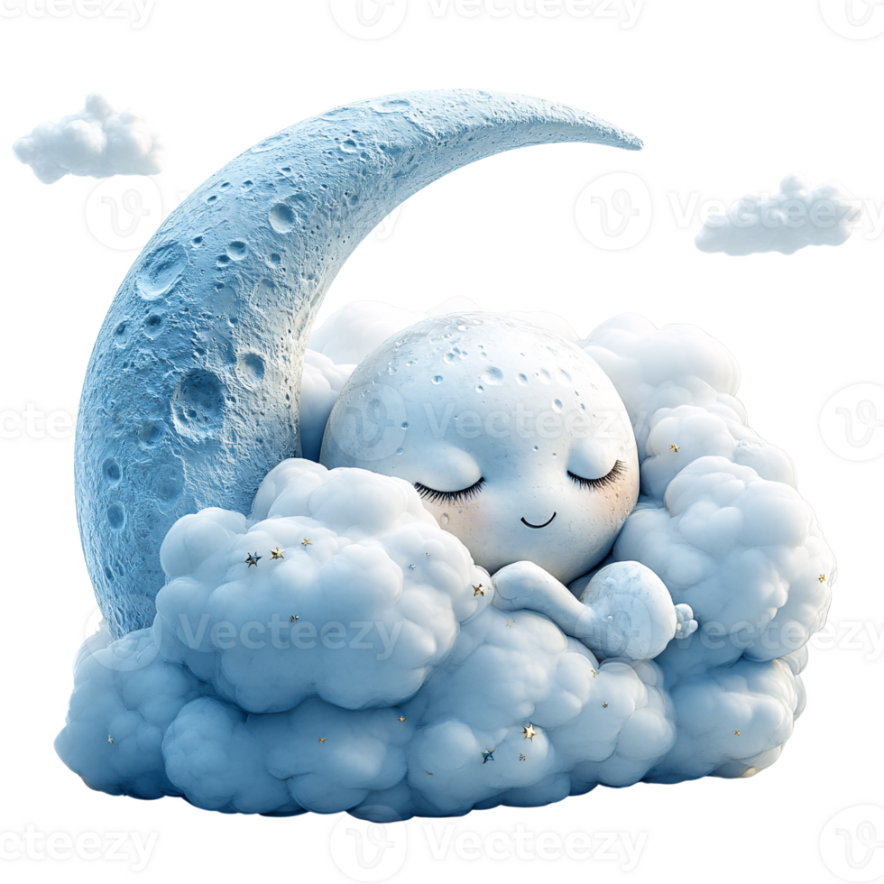 Cute sleeping moon character nestled in fluffy clouds with stars, dreamy celestial illustration for childrens book or bedtime story concept png