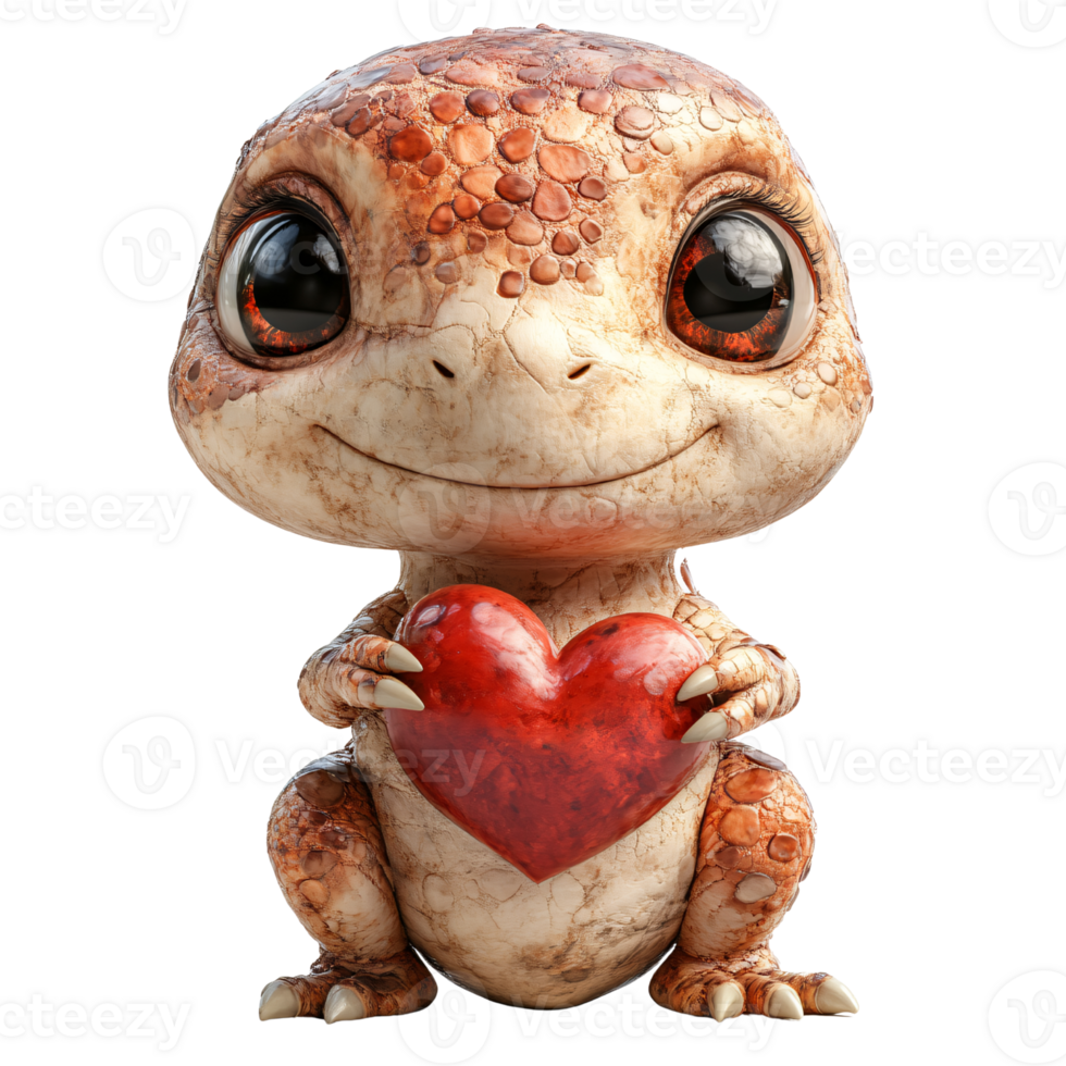 Cute baby reptile holding a red heart on a transparent background, expressing love and affection Concept of Valentines Day, friendship, and adorable animal characters png