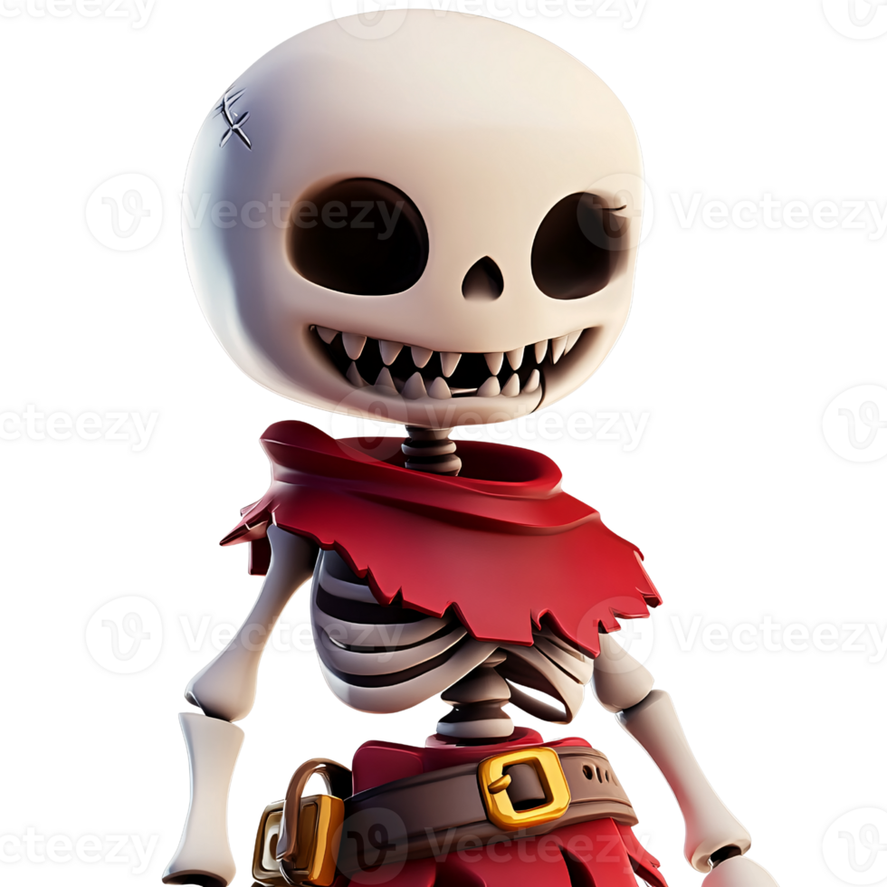 Cartoon skeleton character with red cloak and stitched head, smiling with teeth Concept of Halloween, fantasy, and spooky png