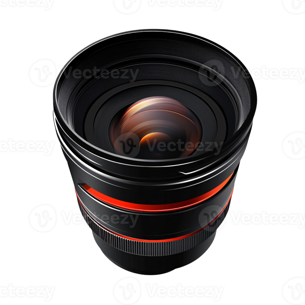 Professional black camera lens with red accents on a transparent background, showcasing optical technology and photographic equipment png