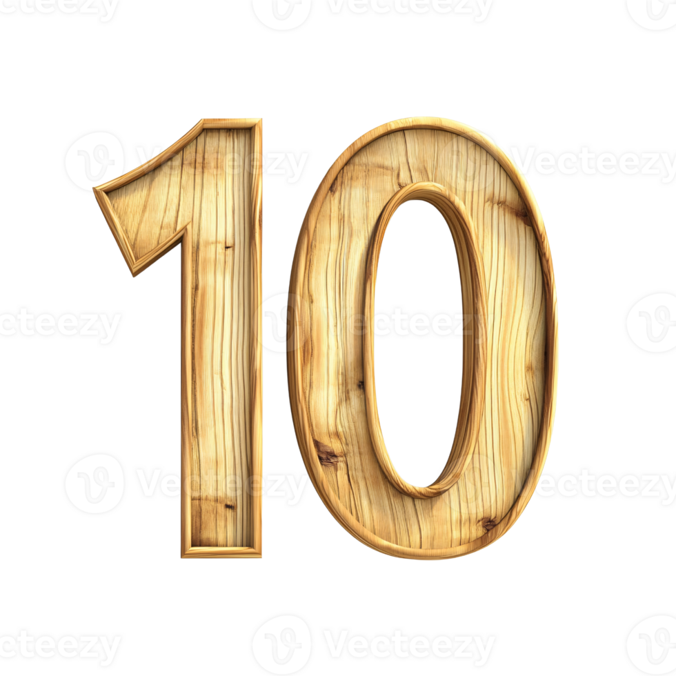 Wooden textured number ten on a transparent background Concept of anniversary, countdown, and rustic design element png