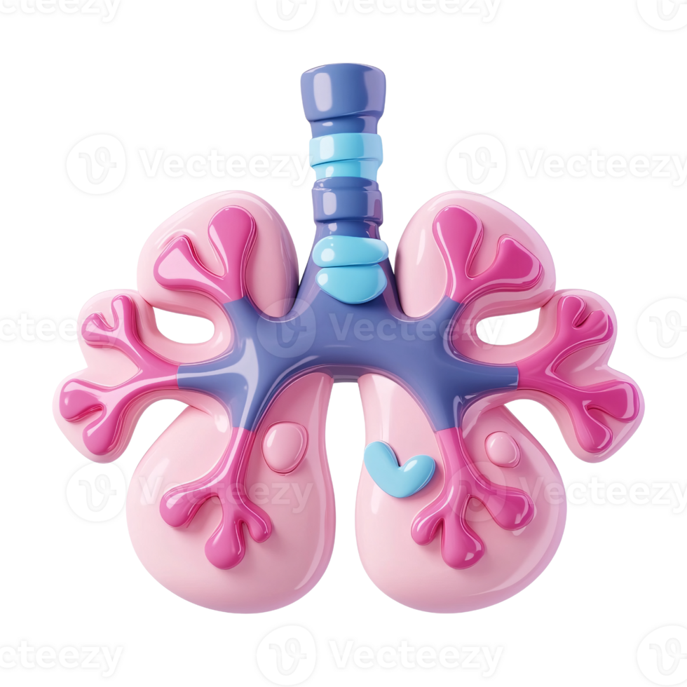 Cartoon lungs 3D render on transparent background Concept of respiratory system, healthcare, and medical illustration png