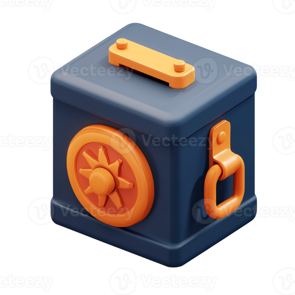 Isometric 3D rendering of a blue and orange safe box on a transparent background Concept of security, protection, finance, and investment png