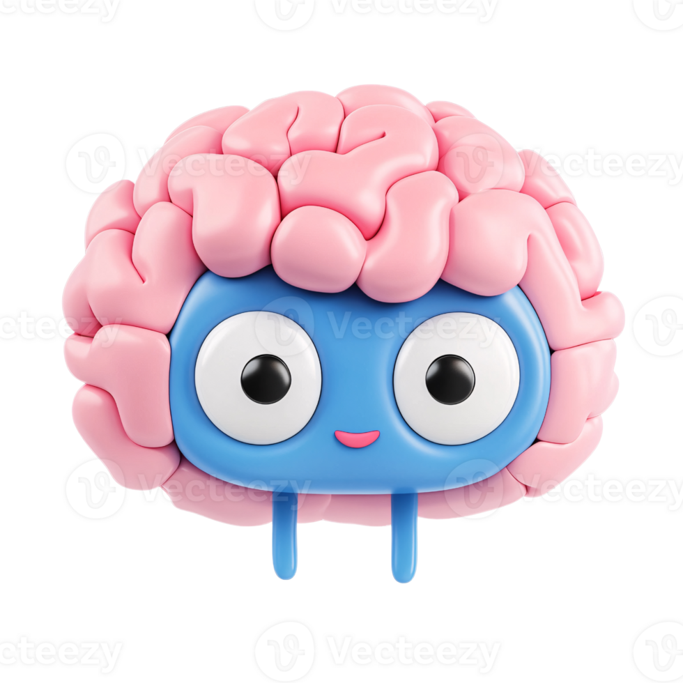 Cute cartoon brain character with big eyes and pink brain lobes on a transparent background Concept of intelligence, education, and mental health png